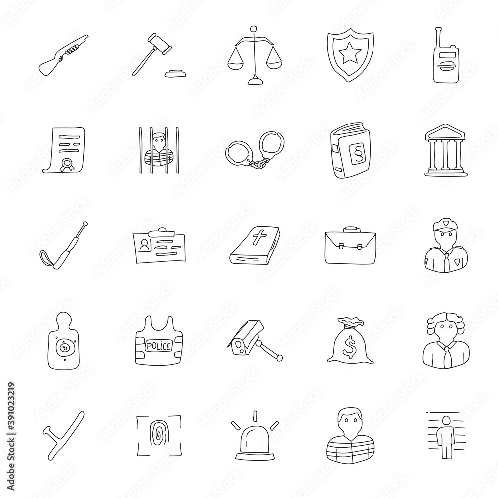 police hand drawn linear doodles isolated on white background. police icon set for web and ui design, mobile apps and print products police hand drawn linear doodles isolated on white background. police icon set for web and ui design, mobile apps and print products