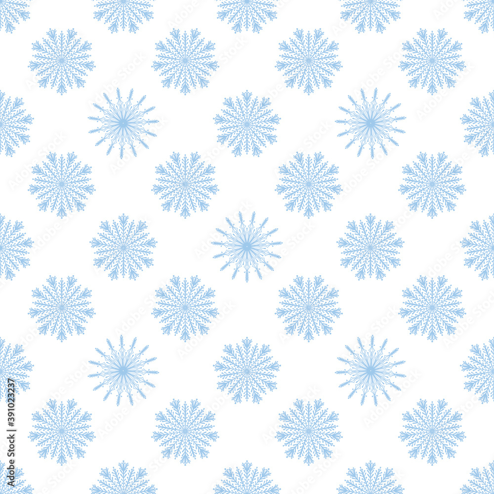New Year seamless pattern with soft blue lacy snowflakes. Decorative festive winter background. New Year seamless pattern with soft blue lacy snowflakes. Decorative festive winter background.