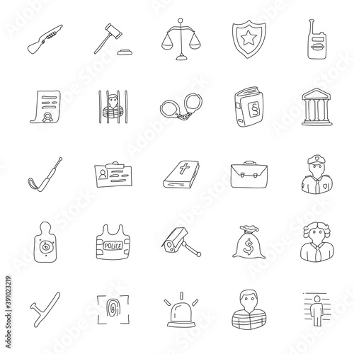 police hand drawn linear doodles isolated on white background. police icon set for web and ui design, mobile apps and print products