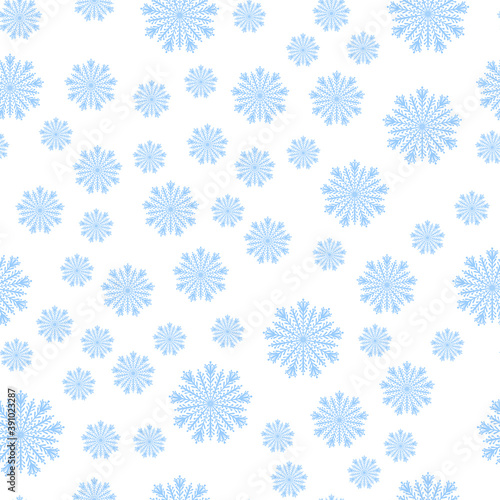 New Year seamless pattern with soft blue lacy snowflakes. Decorative festive winter background.
