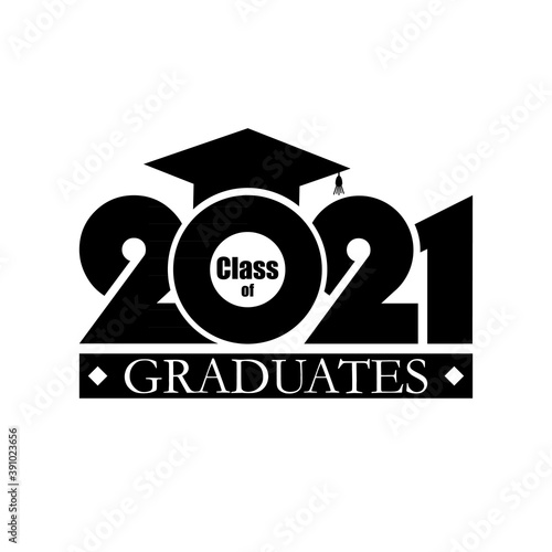 2021 Class of with Graduation Cap. Flat simple design on white background. Cover of card, invitation, greeting, albom