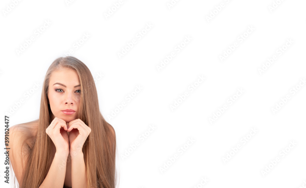 Young Healthy Woman with Long Hair Shows Hands Heart on White Isolated Background Young Healthy Woman with Long Hair Shows Hands Heart on White Isolated Background