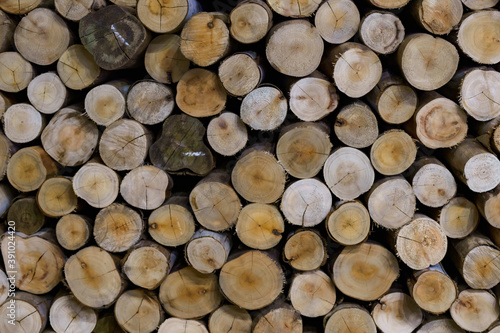A picture of wooden logs stacked together for fuel.