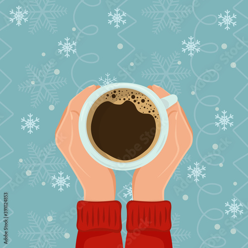 Female hands hold hot cup of coffee on snow background.Winter cozy concept with cocoa or tea or coffee in big mug. Vector illustration