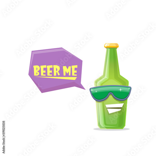 vector cartoon funky beer bottle character with sunglasses isolated on white background. Vector funny beer label or poster design template. International beer day cartoon comic poster or banner