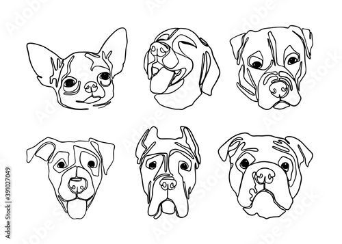 Set of hand drawn line art illustrations of dog characters portraits 