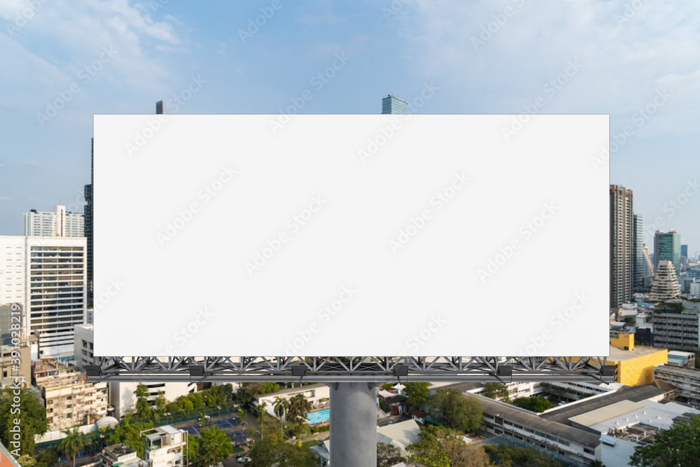 Blank white road billboard with Bangkok cityscape background at day time. Street advertising poster, mock up, 3D rendering. Front view. The concept of marketing communication to promote or sell idea. Blank white road billboard with Bangkok cityscape background at day time. Street advertising poster, mock up, 3D rendering. Front view. The concept of marketing communication to promote or sell idea.