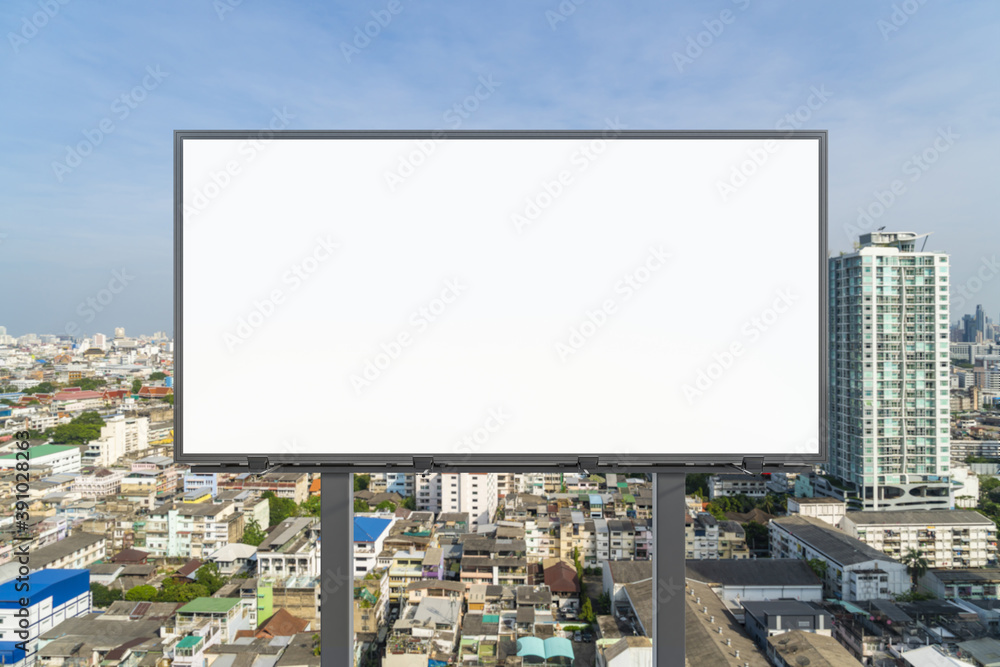 Fototapeta premium Blank white road billboard with Bangkok cityscape background at day time. Street advertising poster, mock up, 3D rendering. Front view. The concept of marketing communication to promote or sell idea.