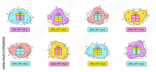 discount labels from 10 to 80 percents in trendy color flat style vector illustration. Color vector labels with gifts and fluid bubble shapes for black friday and other discounts and promo actions