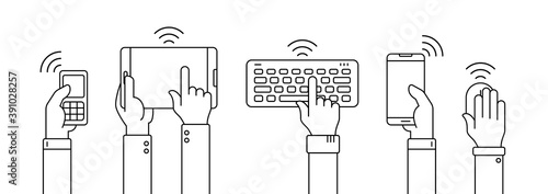 Human hands holding different wireless smart devices such as smartphone, tablet, mobile phone, mouse, keyboard. Outline vector illustration with black stroke for web and ui business design