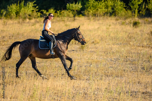 Girl rides a horse across the field on a sunny day
