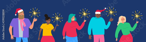 group of people holding sparklers  celebrate holidays merry christmas and happy new year party