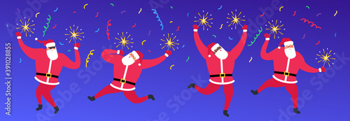 cheerful santa claus with sparklers set  celebrate holidays merry christmas and happy new year party