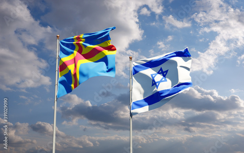Beautiful national state flags of Israel and Aland Islands together at the sky background. 3D artwork concept.