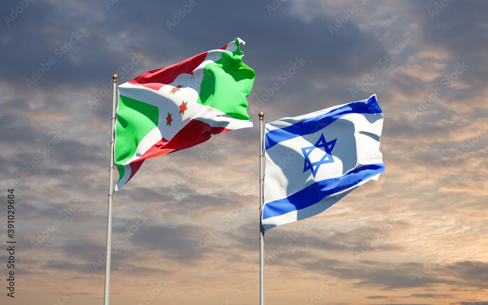Beautiful national state flags of Israel and Burundi together at the sky background. 3D artwork concept. Beautiful national state flags of Israel and Burundi together at the sky background. 3D artwork concept.