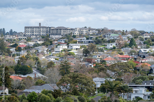 AUCKLAND, NEW ZEALAND - Sep 10, 2019: St Heliers suburb with Grace Joel retirement village apartment building in background photo