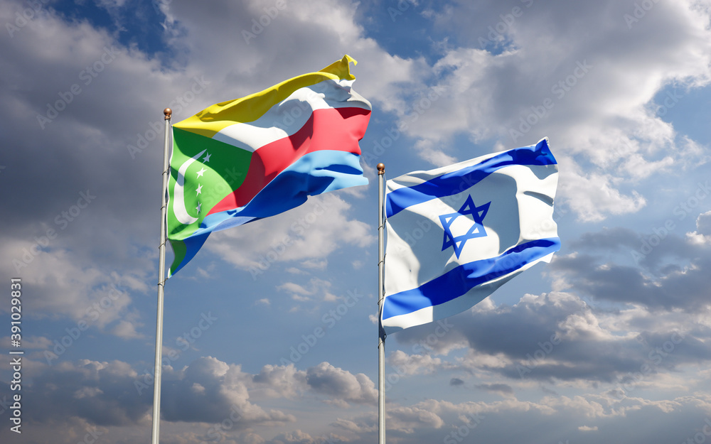 Beautiful national state flags of Israel and Comoros together at the sky background. 3D artwork concept. Beautiful national state flags of Israel and Comoros together at the sky background. 3D artwork concept.