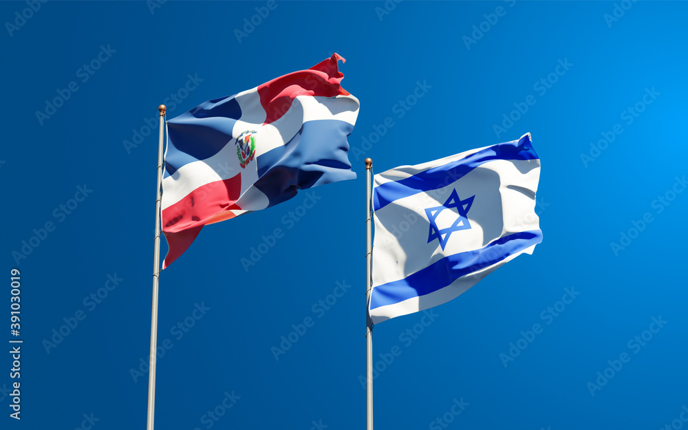 Beautiful national state flags of Israel and Dominican Republic together at the sky background. 3D artwork concept. Beautiful national state flags of Israel and Dominican Republic together at the sky background. 3D artwork concept.