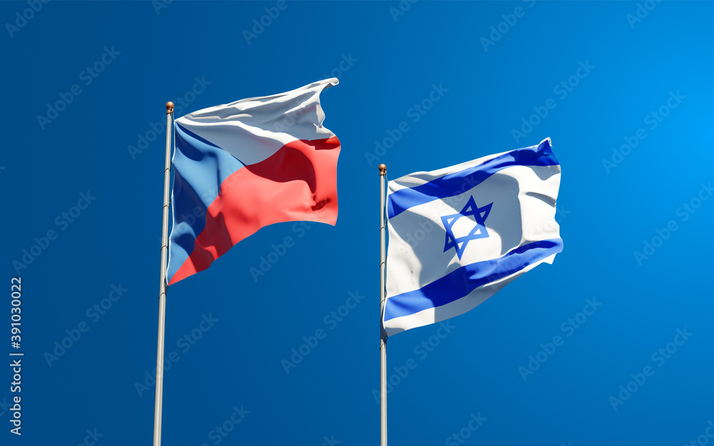 Beautiful national state flags of Israel and Czech together at the sky background. 3D artwork concept. Beautiful national state flags of Israel and Czech together at the sky background. 3D artwork concept.