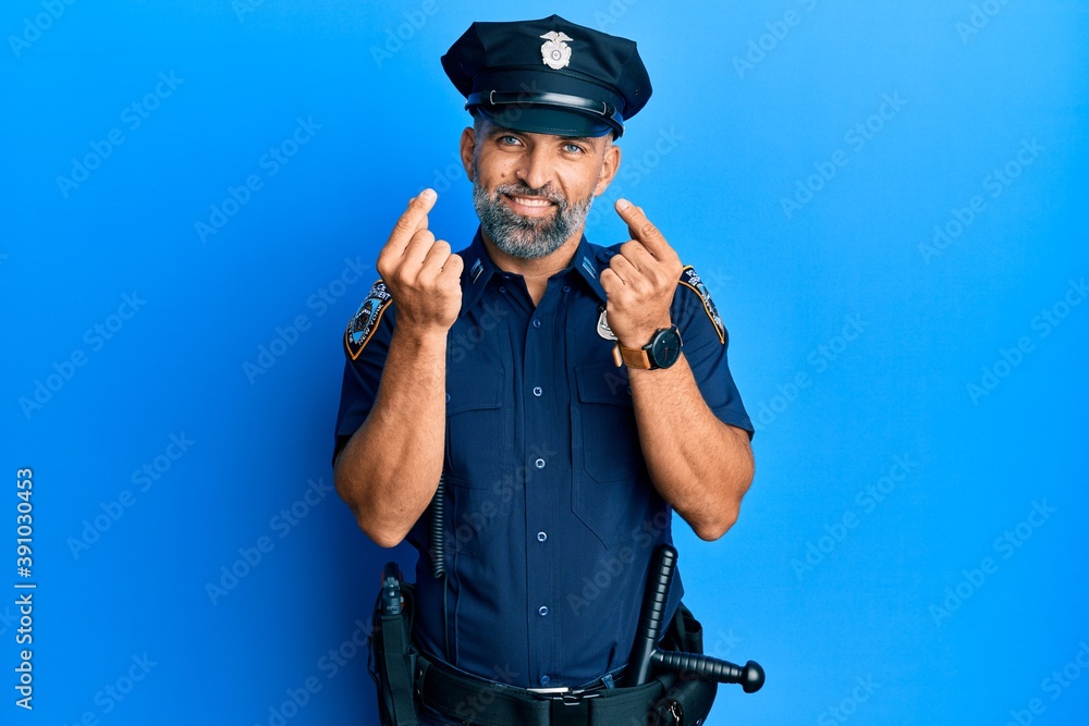 Middle age handsome man wearing police uniform doing money gesture with hands, asking for salary payment, millionaire business Middle age handsome man wearing police uniform doing money gesture with hands, asking for salary payment, millionaire business