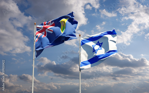 Beautiful national state flags of Turks and Caicos Islands and Israel together at the sky background. 3D artwork concept.