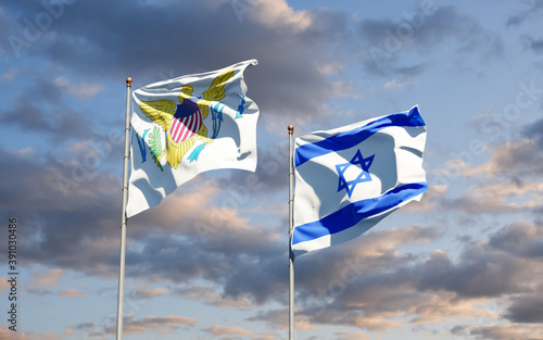 Beautiful national state flags of United States Virgin Islands and Israel together at the sky background. 3D artwork concept.