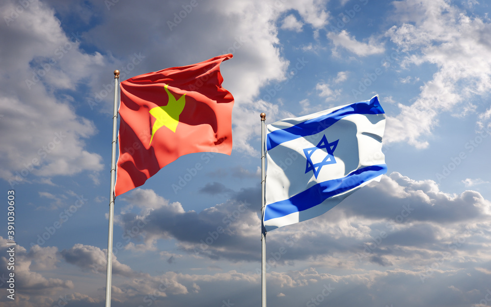 Beautiful national state flags of Vietnam and Israel together at the sky background. 3D artwork concept. Beautiful national state flags of Vietnam and Israel together at the sky background. 3D artwork concept.