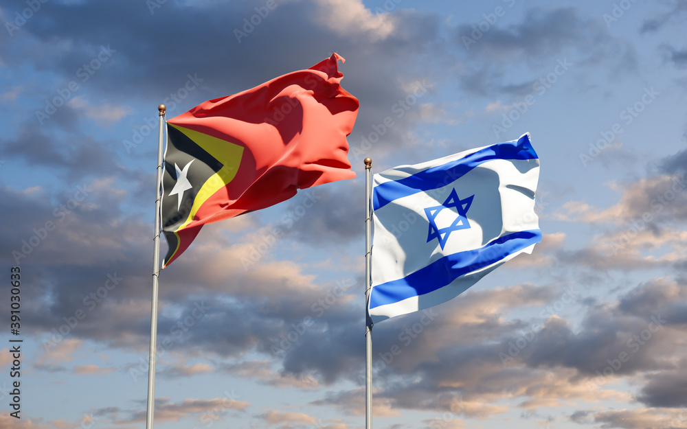 Beautiful national state flags of East Timor and Israel together at the sky background. 3D artwork concept. Beautiful national state flags of East Timor and Israel together at the sky background. 3D artwork concept.