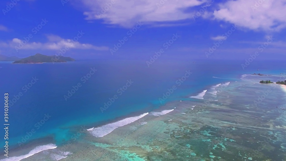 Coral reef aerial view in La Digue, Seychelles