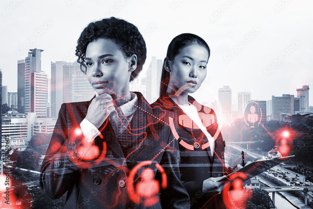 Fototapeta Two astonishing SMM specialists thinking about development of social media marketing strategy to achieve business goals