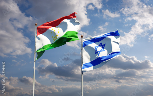 Beautiful national state flags of Tajikistan and Israel together at the sky background. 3D artwork concept. © Leo Altman