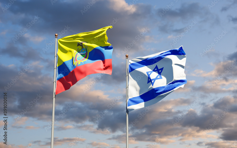 Beautiful national state flags of Ecuador and Israel together at the sky background. 3D artwork concept. Beautiful national state flags of Ecuador and Israel together at the sky background. 3D artwork concept.
