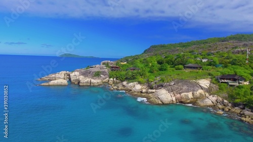 La Digue  Seychelles. Aerial view of amazing tropical beach on a sunny day