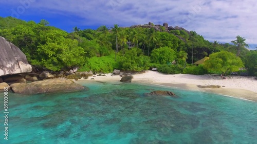 La Digue, Seychelles. Aerial view of amazing tropical beach on a sunny day