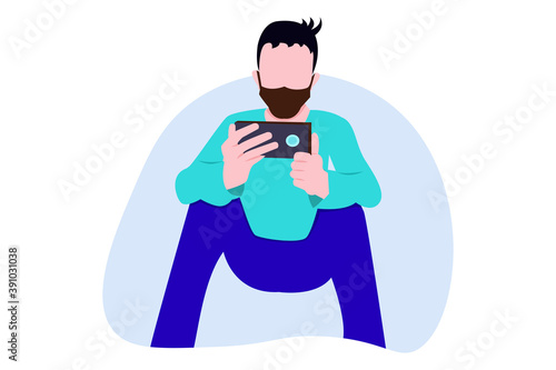 Man playing hand phone. People cartoon isolated on white background. Flat illustration.