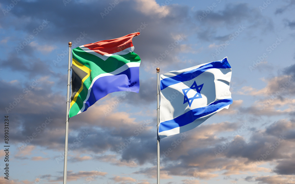 Beautiful national state flags of South Africa and Israel together at the sky background. 3D artwork concept. Beautiful national state flags of South Africa and Israel together at the sky background. 3D artwork concept.