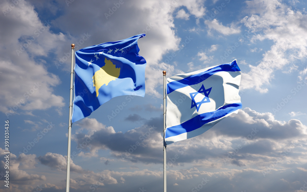 Beautiful national state flags of Kosovo and Israel together at the sky background. 3D artwork concept. Beautiful national state flags of Kosovo and Israel together at the sky background. 3D artwork concept.