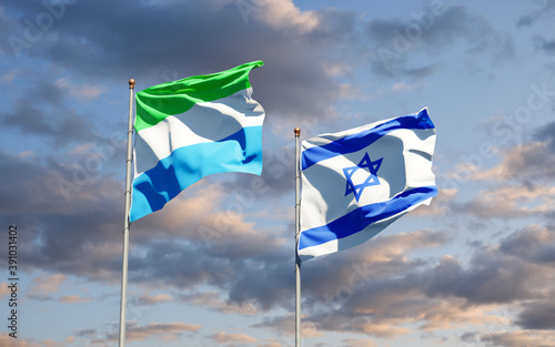 Beautiful national state flags of Sierra Leone and Israel together at the sky background. 3D artwork concept.