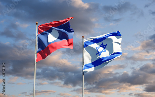 Beautiful national state flags of Laos and Israel together at the sky background. 3D artwork concept. © Leo Altman