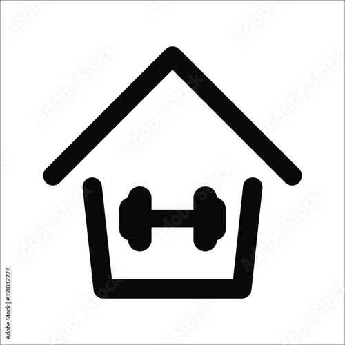 fitness at home icon, gym fit, workout house, training sport exercise symbol on white background