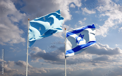 Beautiful national state flags of Federated States of Micronesia and Israel together at the sky background. 3D artwork concept. © Leo Altman