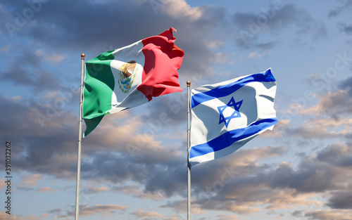 Beautiful national state flags of Mexico and Israel together at the sky background. 3D artwork concept. © Leo Altman