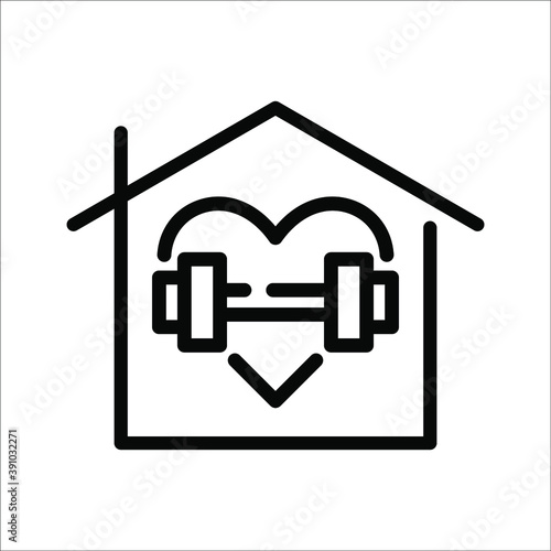 fitness at home icon, gym fit, workout house, training sport exercise symbol on white background