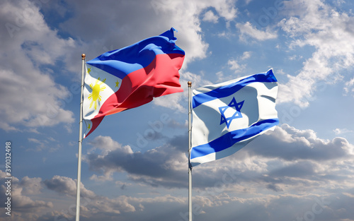 Beautiful national state flags of Philippines and Israel together at the sky background. 3D artwork concept.