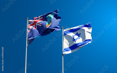 Beautiful national state flags of Montserrat and Israel together at the sky background. 3D artwork concept.