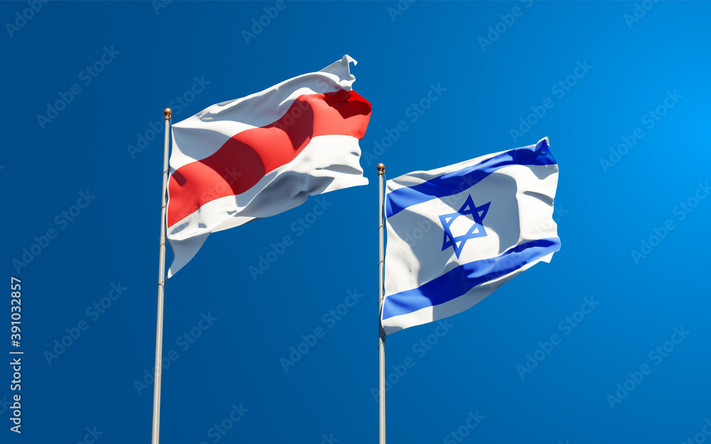 Beautiful national state flags of New Belarus and Israel together at the sky background. 3D artwork concept. Beautiful national state flags of New Belarus and Israel together at the sky background. 3D artwork concept.