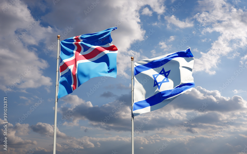 Beautiful national state flags of Iceland and Israel together at the sky background. 3D artwork concept. Beautiful national state flags of Iceland and Israel together at the sky background. 3D artwork concept.
