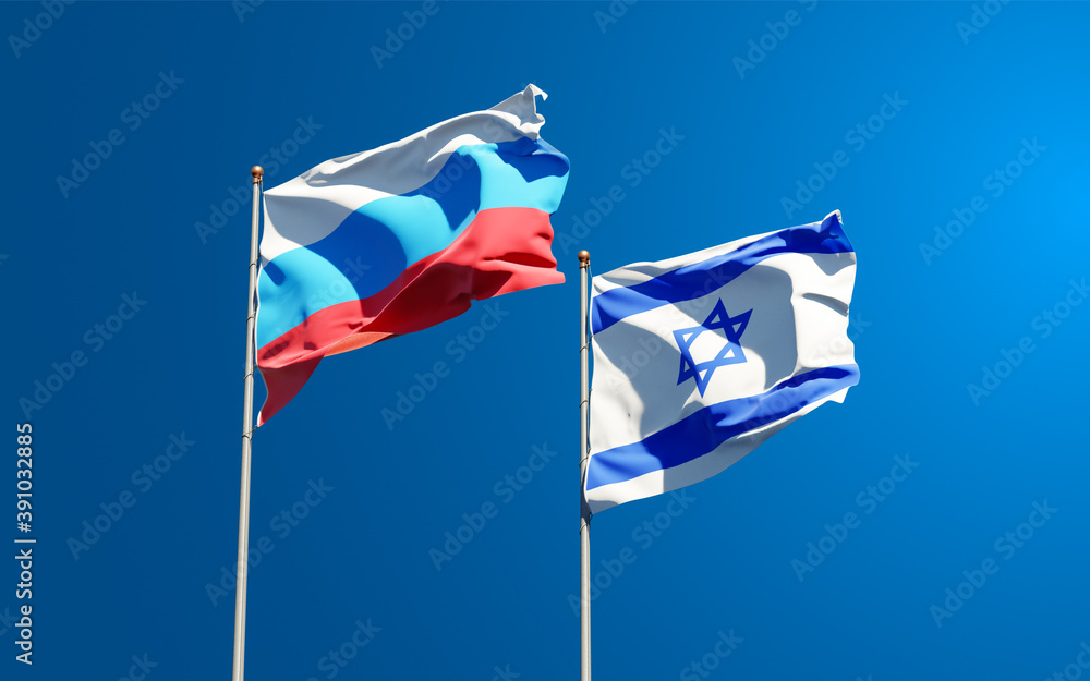 Beautiful national state flags of New Russia and Israel together at the sky background. 3D artwork concept. Beautiful national state flags of New Russia and Israel together at the sky background. 3D artwork concept.