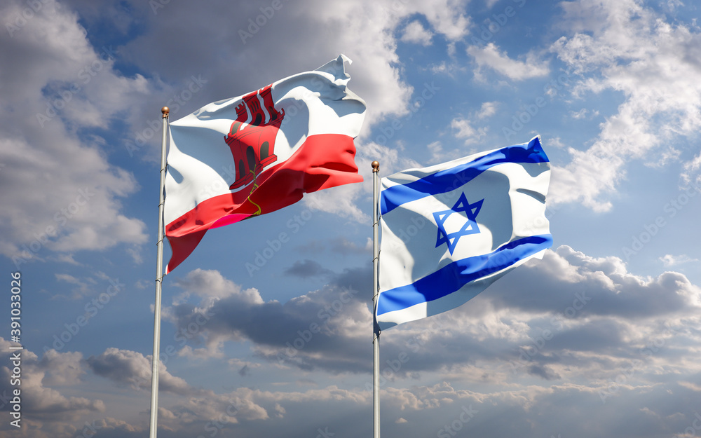 Beautiful national state flags of Gibraltar and Israel together at the sky background. 3D artwork concept. Beautiful national state flags of Gibraltar and Israel together at the sky background. 3D artwork concept.