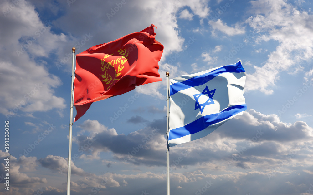 Beautiful national state flags of Nova Roma and Israel together at the sky background. 3D artwork concept. Beautiful national state flags of Nova Roma and Israel together at the sky background. 3D artwork concept.